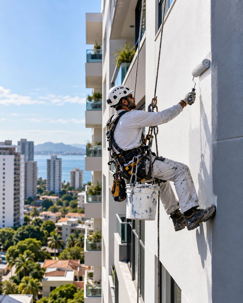 Profissional equipado realizando pintura de fachada com acesso por cordas